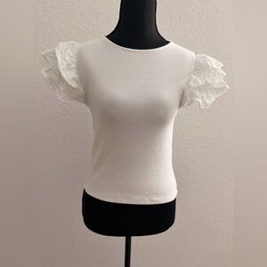 ZARA White Ribbed Knit Ruffle Sleeve Top | 100% Cotton Puff Sleeve Blouse